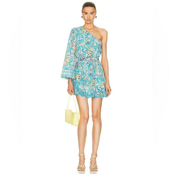 HEMANT AND NANDITA Lyna Short Floral One-Shoulder Dress in Turquoise Small NWT - Picture 5 of 7